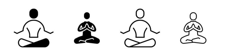 A minimalist vector icon set depicting meditation symbols, ideal for wellness, mindfulness, and yoga designs.