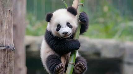 Obraz premium Adorable Baby Panda Climbing Bamboo