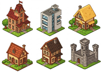 Isometric Pixel Art House and Castle Set