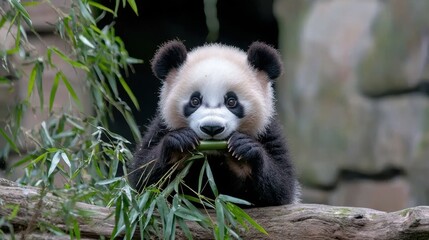 Obraz premium Adorable Baby Panda Eating Bamboo