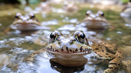 Obraz premium Close-up of frogs in water. Wildlife amphibian pond
