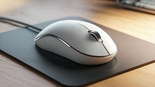 Detailed view of a white computer mouse and a black mousepad on a desk.