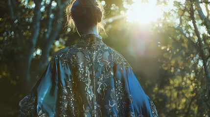 Fototapeta premium aura indigo rococo-inspired cape with metallic detailing, backlit editorial shot, soft glow