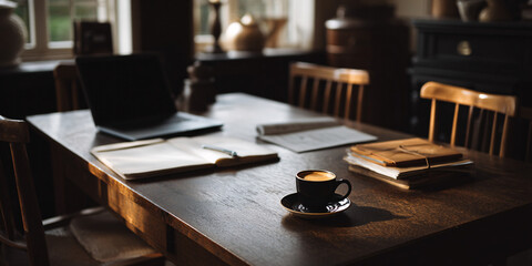 Cozy Coffee Shop Workspace Laptop and Papers Creative Flow Productive Ambience Remote Work Lifestyle Digital Nomad Haven Study Session Inspiration Brew
