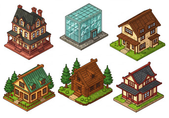 Isometric Pixel Art House Collection Diverse Architectural Styles