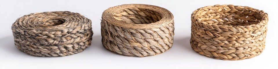 Obraz premium Three woven cylindrical baskets in varying sizes and shades of beige and grey