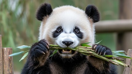 Fototapeta premium Adorable Panda Cub Eating Bamboo