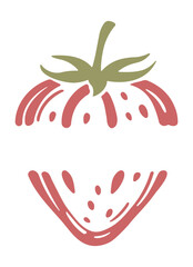 Simple minimalist illustration of a half-sliced strawberry or wild strawberry with free space for text. Suitable for food design, packaging, labels, summer themes.