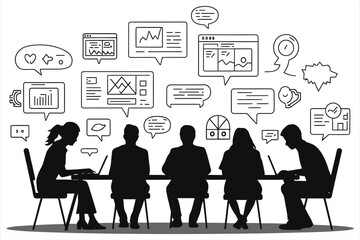 Silhouette illustration of a team of people in a meeting, focused on laptops and surrounded by icons representing collaboration tools, data, and communication.