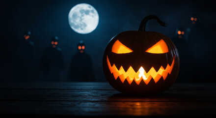 Spooky Halloween pumpkin with glowing eyes and scary figures in the dark night, full moon background, holiday concept.