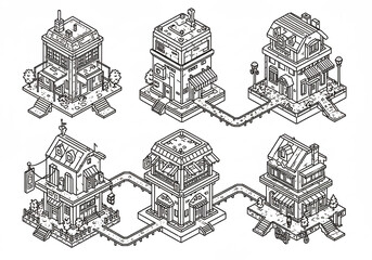 Isometric Pixel Art House Designs Black and White Illustrations