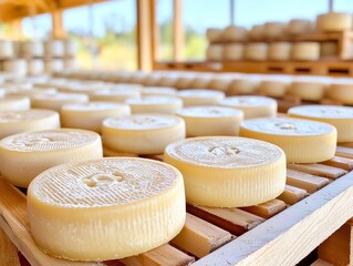 Cheese Wheels Aging: A close-up shot captures rows of aging cheese wheels in a controlled environment.