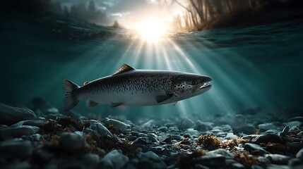 Naklejka premium Swimming salmon underwater photography in natural sunlight aquatic wildlife scene of salmon leaping upstream