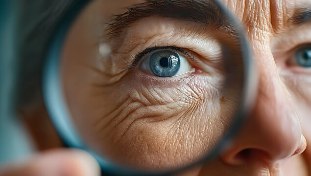 Close-up of an elderly person's eye as they examine their reflection through a magnifying glass, reflecting wisdom and the passage of time.