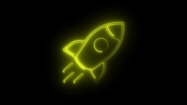 Neon rocket icon  animation on black background, yellow color roket icon  animation ,  Space Exploration, Launch Technology,   neon  animation.