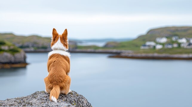 Cute Corgi Dog Seascape View, Scotland