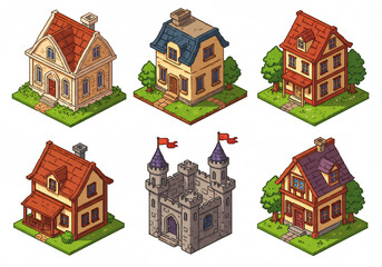 Isometric Pixel Art Houses and Castle Village Illustration