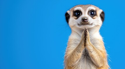 Fototapeta premium Cute Meerkat Praying on Blue Background