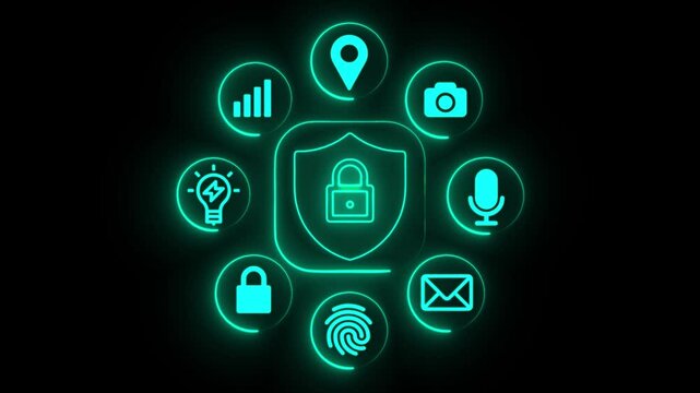 cyber security  concept in neon line on black background. glowing neon digital data security hud icon concept  on black background.