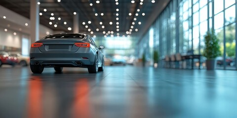 Modern sedan displayed in a spacious and well-lit automotive showroom during daylight hours