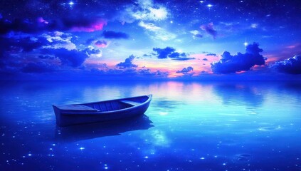 Peaceful twilight seascape with a lone boat under a starlit sky