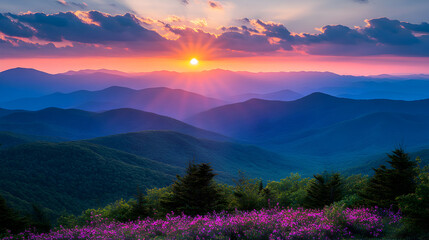 The mountain landscape shows the beauty of nature with a colorful sky during both sunrise and sunset