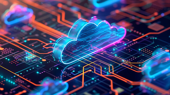 Cloud computing technology concept: Glowing neon cloud icons integrated into a futuristic digital circuit board background with data streams.
