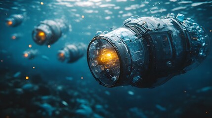 Futuristic underwater pods descend through deep sea, concept of submersible exploration, luminous technology and ocean