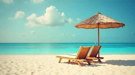 Ultimate Vacation Spot: Chairs, Umbrella, and Vibrant Ocean

