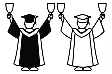 Minimalist cartoon hands in graduation gowns holding wine glasses up high