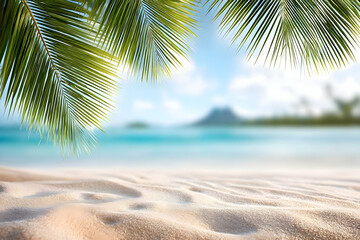Serene beach scene featuring soft sand and tropical palm leaves with a magnificent ocean view, perfect for relaxation and vacation inspiration.