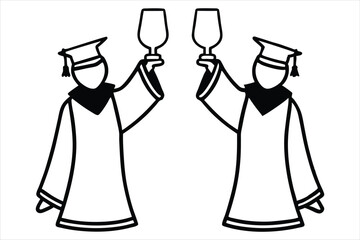 Minimalist cartoon hands in graduation gowns holding wine glasses up high