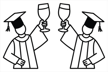 Minimalist cartoon hands in graduation gowns holding wine glasses up high