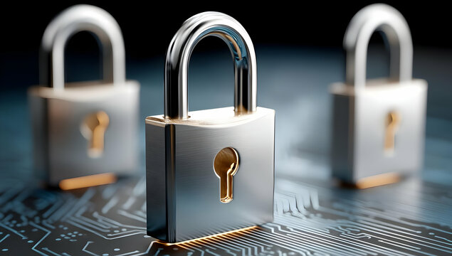Three shiny metallic padlocks standing on a circuit board. The locks symbolize security, protection, and digital safety in modern technology.