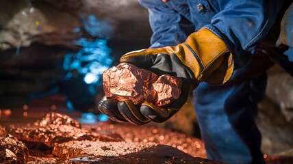 A worker's gloved hands holding a large piece of raw copper ore in a dark mine tunnel.