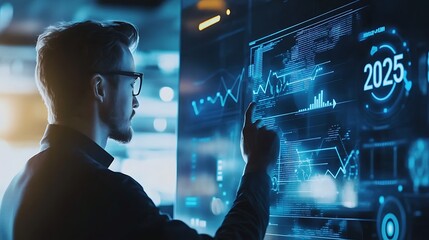 A professional engaging with a digital screen showing a growth arrow graph and "2025," representing the drive for innovation and business success