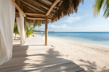 Obraz premium Beachside Gazebo With Wooden Structure And White Curtains Overlooking Blue Ocean Under Sunny Sky