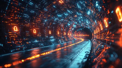 Illuminated tunnel with digital numbers and lights creating a futuristic abstract scene.