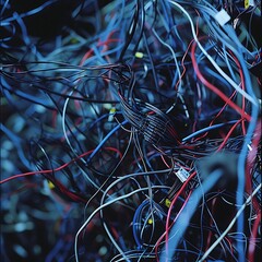 Close-up tangled mess of colorful electrical wires, cables, and connectors creating a chaotic technological background texture. Complexity concept. 