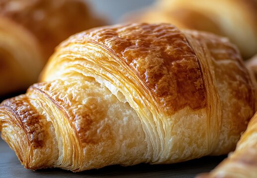Golden flaky croissant with rich buttery layers and a warm shine, perfect for breakfast or cafe settings, showcasing delightful pastry craftsmanship