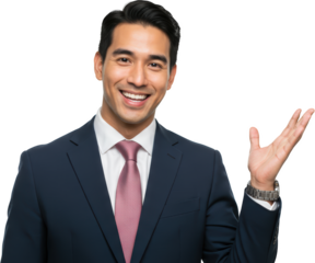 Smiling Businessman in a Suit Presenting an Idea