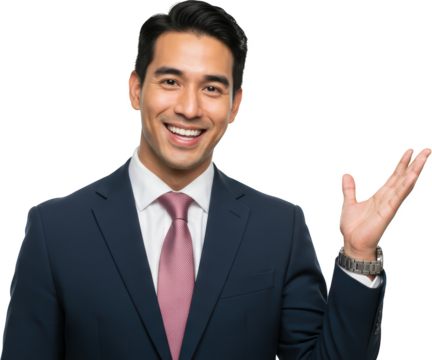 Smiling Businessman in a Suit Presenting an Idea