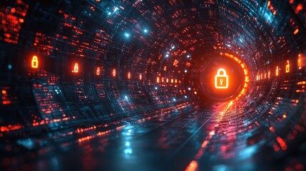 Glowing padlock symbol inside a futuristic tunnel with blue and red lights.