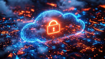 Glowing cloud shape with padlock over abstract cityscape represents data security.