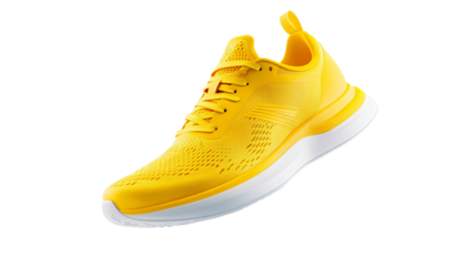Yellow Running Shoes Floating in the Air on White Background