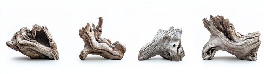 Four Pieces of Gray and White Driftwood on White Background