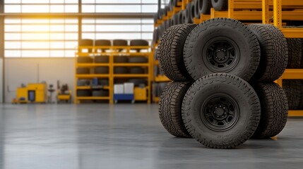 Stack of new tires in a bright warehouse with yellow racks