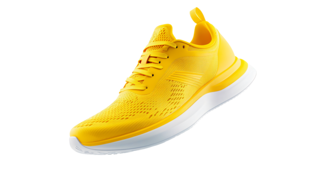 Yellow Running Shoes Floating in the Air on White Background