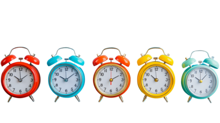 Vibrant Alarm Clocks on Blue Background - Time Management Concept