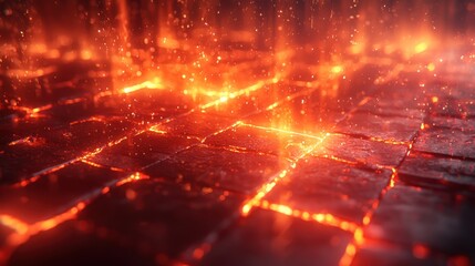 Fototapeta premium Molten lava flows across a cracked surface glowing intensely orange and red.